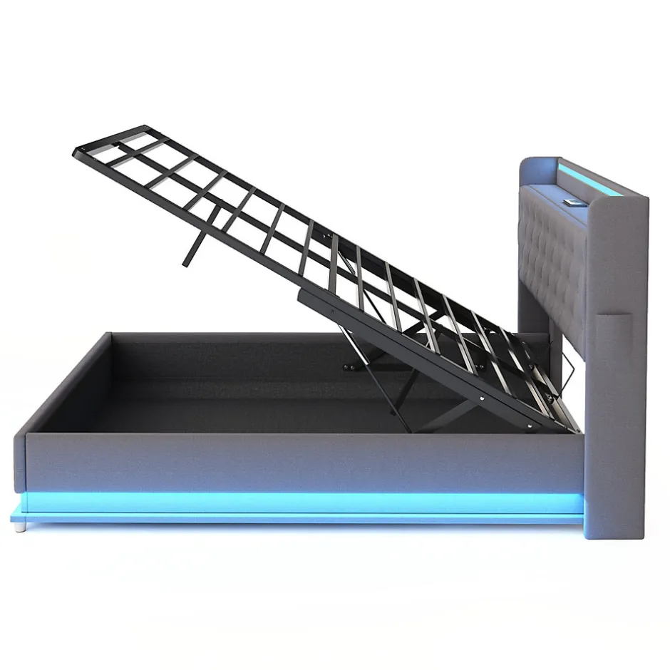 Redom Lit capitonné LED 140 sur 200 cm avec port USB et rangement hydraulique en tissu lin gris doux pour la peau