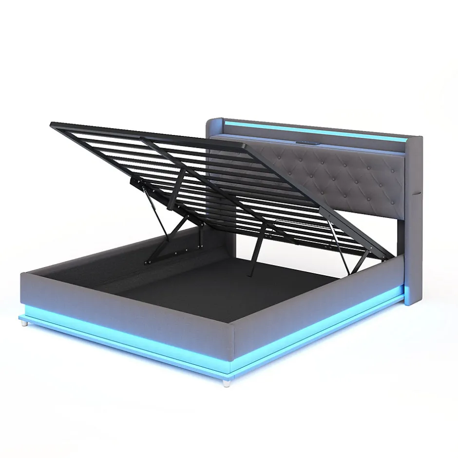 Redom Lit capitonné LED 140 sur 200 cm avec port USB et rangement hydraulique en tissu lin gris doux pour la peau