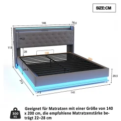 Redom Lit capitonné LED 140 sur 200 cm avec port USB et rangement hydraulique en tissu lin gris doux pour la peau