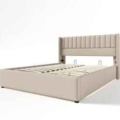 Fortuna lai Lit capitonné,160 x 200 cm, avec sommier à lattes hydraulique, avec espace de rangement,beige