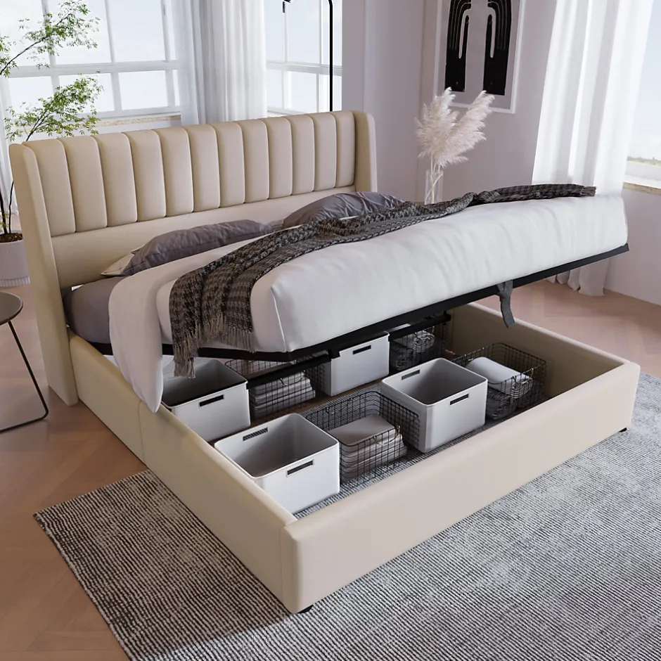 Fortuna lai Lit capitonné,160 x 200 cm, avec sommier à lattes hydraulique, avec espace de rangement,beige