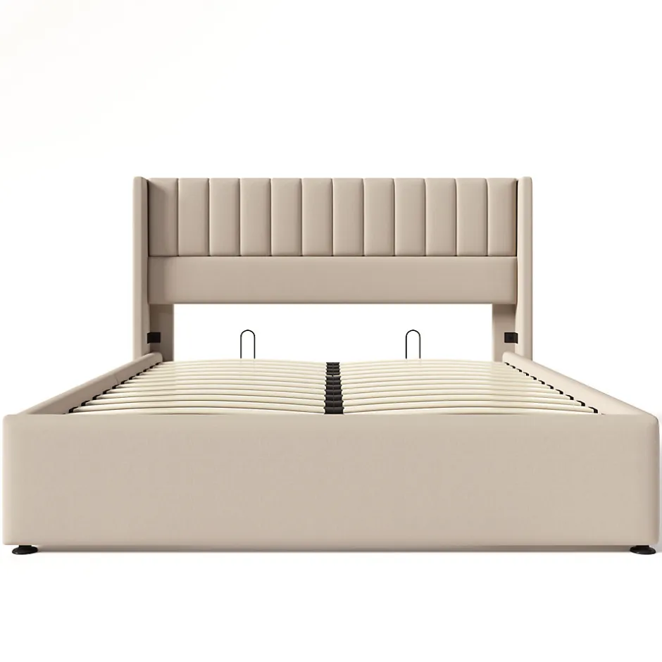 Fortuna lai Lit capitonné,160 x 200 cm, avec sommier à lattes hydraulique, avec espace de rangement,beige