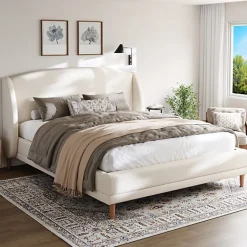 ModernLuxe Lit capitonné 140x190 cm - Tête de lit à oreilles - Pieds en bois d'hévéa - Sommier à lattes - Tissu bouclé - Blanc(sans matelas)