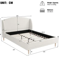 ModernLuxe Lit capitonné 140x190 cm - Tête de lit à oreilles - Pieds en bois d'hévéa - Sommier à lattes - Tissu bouclé - Blanc(sans matelas)