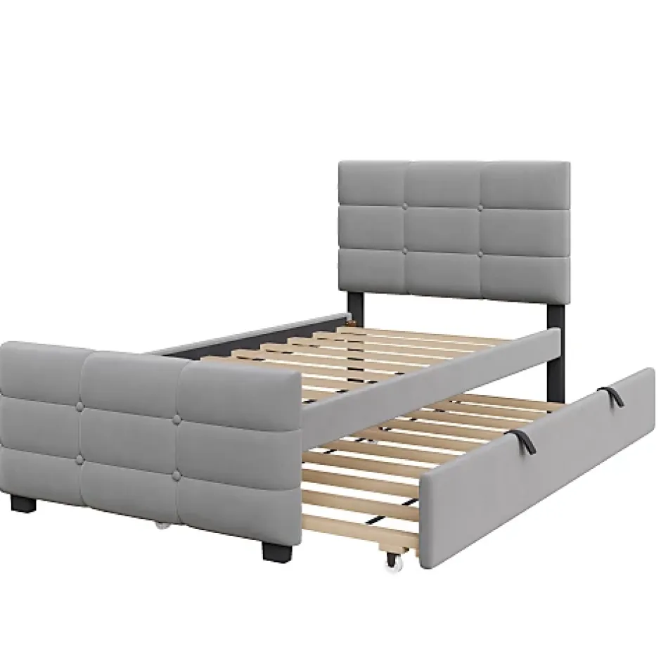 ModernLuxe Lit capitonné 90x190cm - lit gigogne - velours - gris (matelas non inclus) Sale