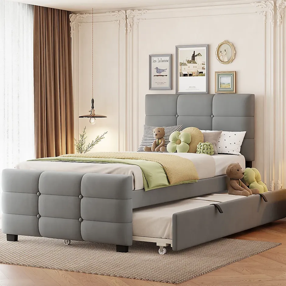 ModernLuxe Lit capitonné 90x190cm - lit gigogne - velours - gris (matelas non inclus) Sale