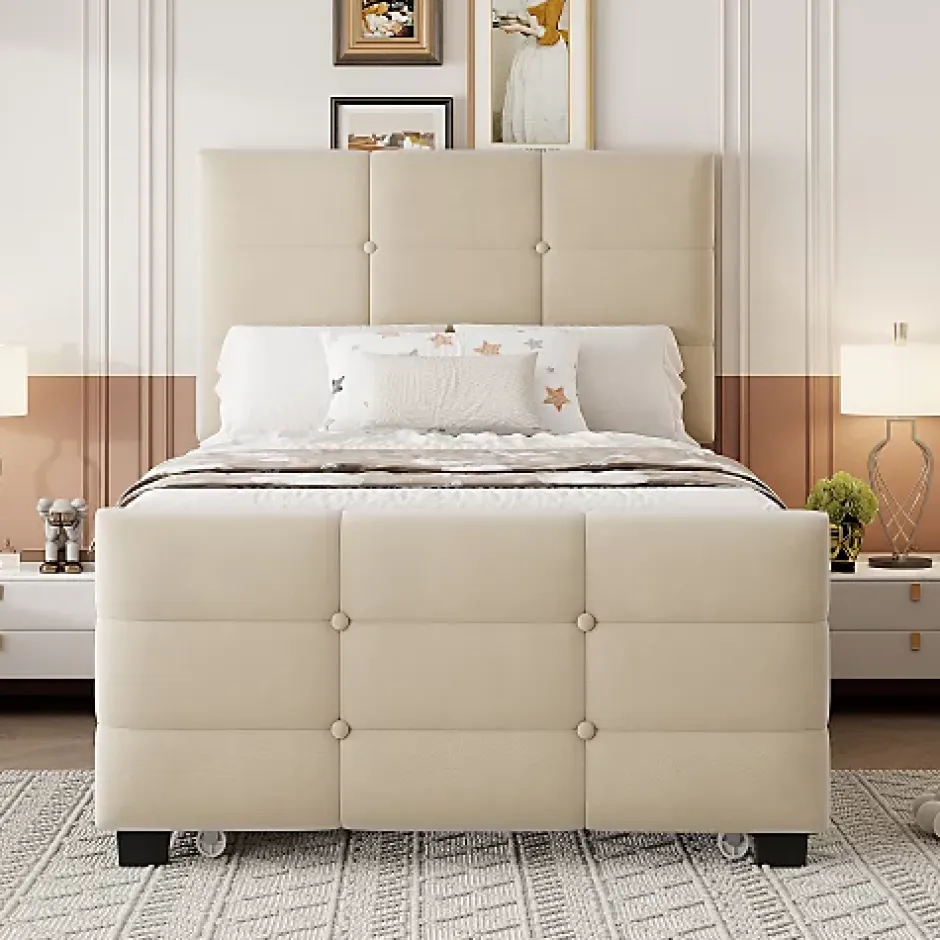 ModernLuxe Lit capitonné 90x190cm - lit gigogne - velours - beige (matelas non inclus) Best