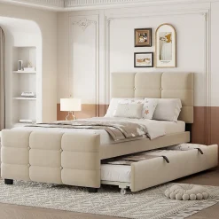 ModernLuxe Lit capitonné 90x190cm - lit gigogne - velours - beige (matelas non inclus) Best