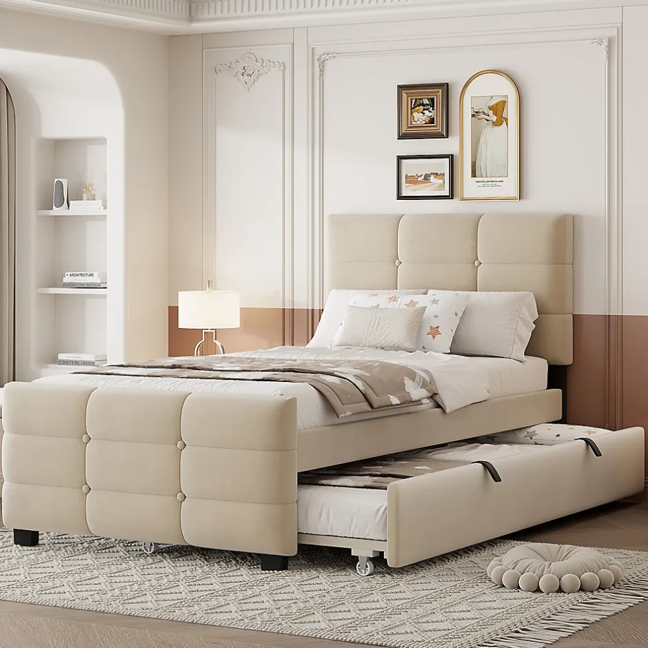 ModernLuxe Lit capitonné 90x190cm - lit gigogne - velours - beige (matelas non inclus) Best
