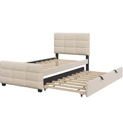 ModernLuxe Lit capitonné 90x190cm - lit gigogne - velours - beige (matelas non inclus) Best