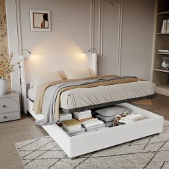 ProximaX Lit capitonné 140x200cm avec une lampe de lecture , Lit Coffre avec Espace de Rangement, Sommier à Lattes, velours côtelé, Beige