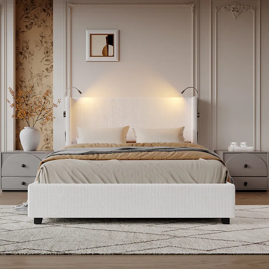ProximaX Lit capitonné 140x200cm avec une lampe de lecture , Lit Coffre avec Espace de Rangement, Sommier à Lattes, velours côtelé, Beige