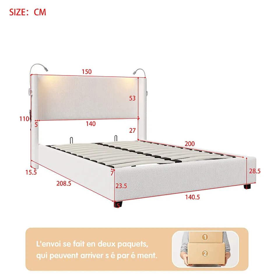 ProximaX Lit capitonné 140x200cm avec une lampe de lecture , Lit Coffre avec Espace de Rangement, Sommier à Lattes, velours côtelé, Beige