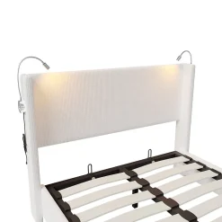 ProximaX Lit capitonné 140x200cm avec une lampe de lecture , Lit Coffre avec Espace de Rangement, Sommier à Lattes, velours côtelé, Beige