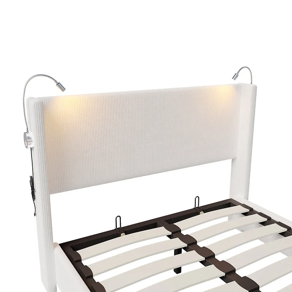 ProximaX Lit capitonné 140x200cm avec une lampe de lecture , Lit Coffre avec Espace de Rangement, Sommier à Lattes, velours côtelé, Beige