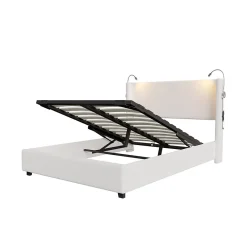 ProximaX Lit capitonné 140x200cm avec une lampe de lecture , Lit Coffre avec Espace de Rangement, Sommier à Lattes, velours côtelé, Beige