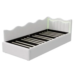 Fortuna lai Lit Capitonné 90x200cm, Canapé-lit Coffre Avec Éclairage LED Et Sommier à Lattes, Velours,blanc Discount