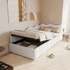 Fortuna lai Lit Capitonné 90x200cm, Canapé-lit Coffre Avec Éclairage LED Et Sommier à Lattes, Velours,blanc Discount