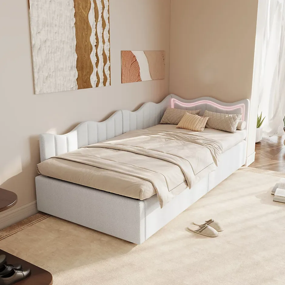 Fortuna lai Lit Capitonné 90x200cm, Canapé-lit Coffre Avec Éclairage LED Et Sommier à Lattes, Velours,blanc Discount