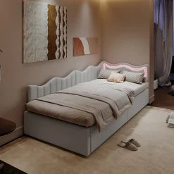 Fortuna lai Lit Capitonné 90x200cm, Canapé-lit Coffre Avec Éclairage LED Et Sommier à Lattes, Velours,blanc Discount