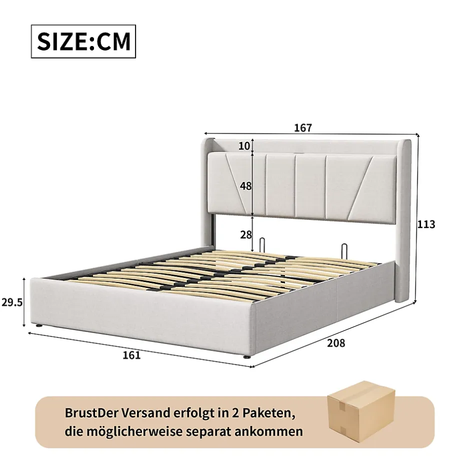 Fortuna lai Lit capitonné 160x200cm, lit coffre avec 2 USB+1 interface type-c, Rangement sous le lit,Beige New
