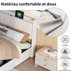 Fortuna lai Lit capitonné 160x200cm, lit coffre avec 2 USB+1 interface type-c, Rangement sous le lit,Beige New