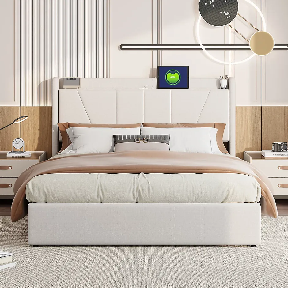 Fortuna lai Lit capitonné 160x200cm, lit coffre avec 2 USB+1 interface type-c, Rangement sous le lit,Beige New