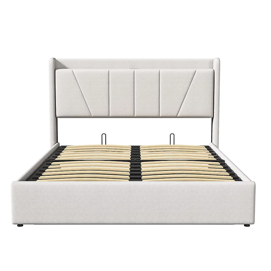 Fortuna lai Lit capitonné 160x200cm, lit coffre avec 2 USB+1 interface type-c, Rangement sous le lit,Beige New