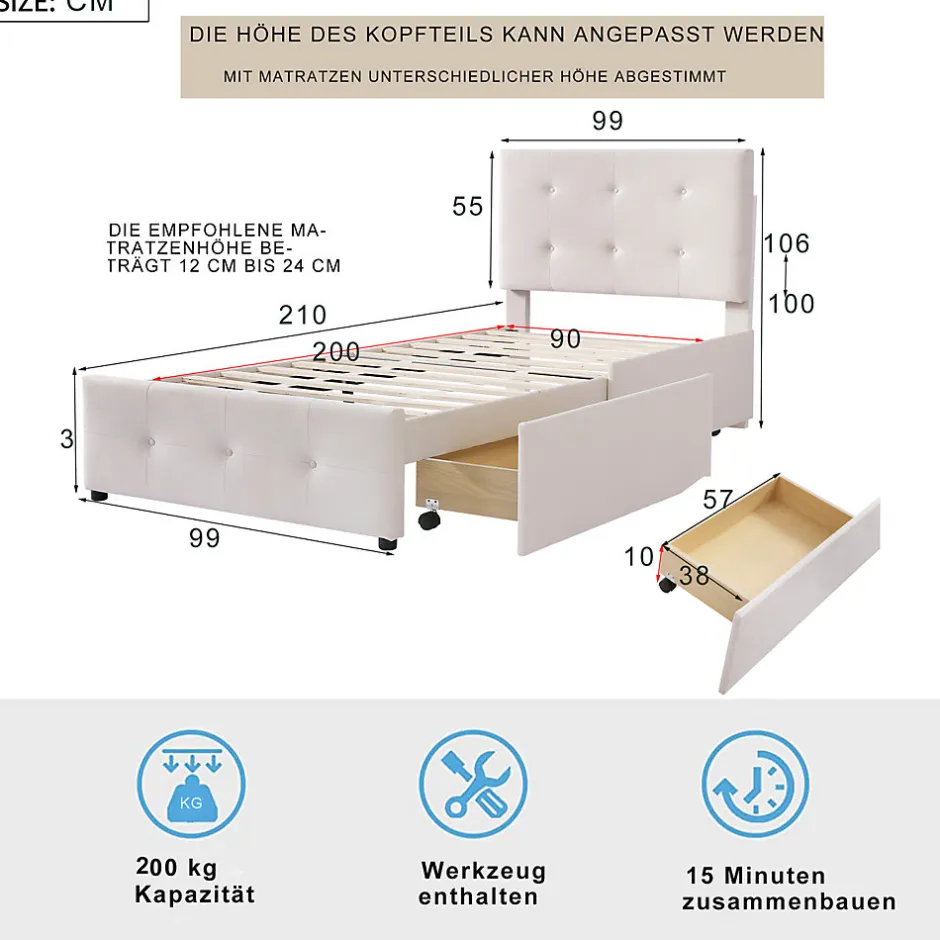 Simple Life Lit capitonne 90 x 200 cm - avec 2 tiroirs, sommier à lattes et tête de lit relevable, tissu velours, style scandinave - Beige