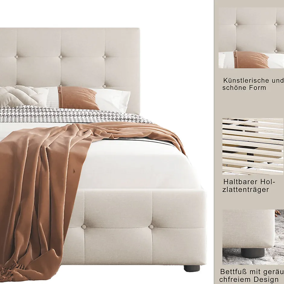 Simple Life Lit capitonne 90 x 200 cm - avec 2 tiroirs, sommier à lattes et tête de lit relevable, tissu velours, style scandinave - Beige