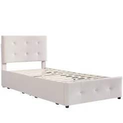 Simple Life Lit capitonne 90 x 200 cm - avec 2 tiroirs, sommier à lattes et tête de lit relevable, tissu velours, style scandinave - Beige