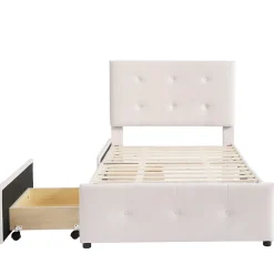 Simple Life Lit capitonne 90 x 200 cm - avec 2 tiroirs, sommier à lattes et tête de lit relevable, tissu velours, style scandinave - Beige
