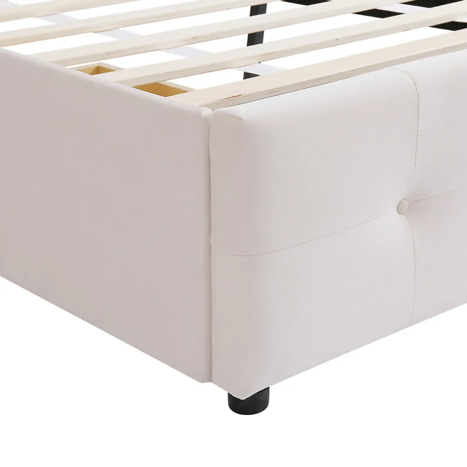 Simple Life Lit capitonne 90 x 200 cm - avec 2 tiroirs, sommier à lattes et tête de lit relevable, tissu velours, style scandinave - Beige