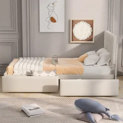 ProximaX Lit capitonne 90 x 200 cm - avec 2 tiroirs, sommier à lattes et tête de lit relevable, tissu velours, style scandinave - Beige