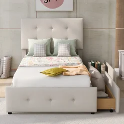 ProximaX Lit capitonne 90 x 200 cm - avec 2 tiroirs, sommier à lattes et tête de lit relevable, tissu velours, style scandinave - Beige