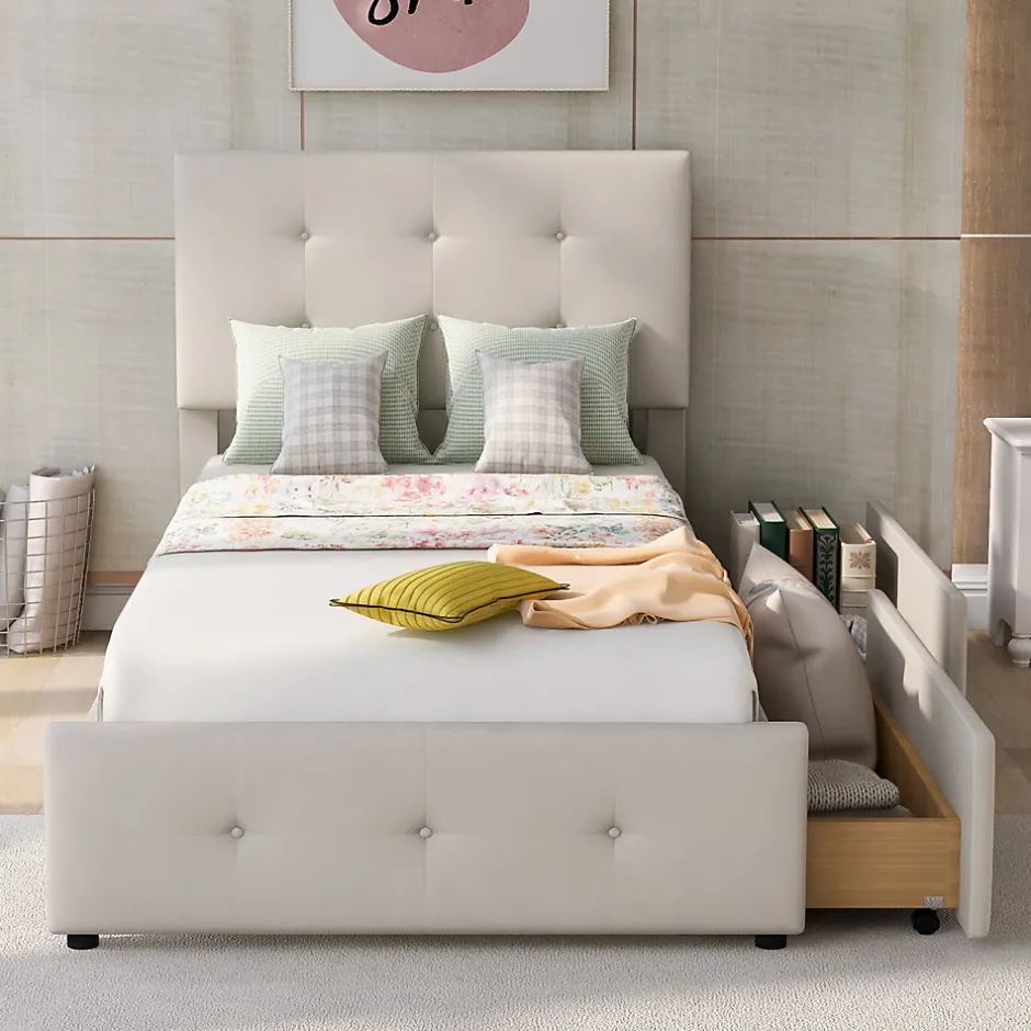 ProximaX Lit capitonne 90 x 200 cm - avec 2 tiroirs, sommier à lattes et tête de lit relevable, tissu velours, style scandinave - Beige