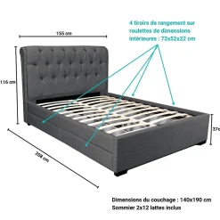 Weber Industries Lit CHELSEA 140x190+ 4 tiroirs + sommier / Gris foncé Online