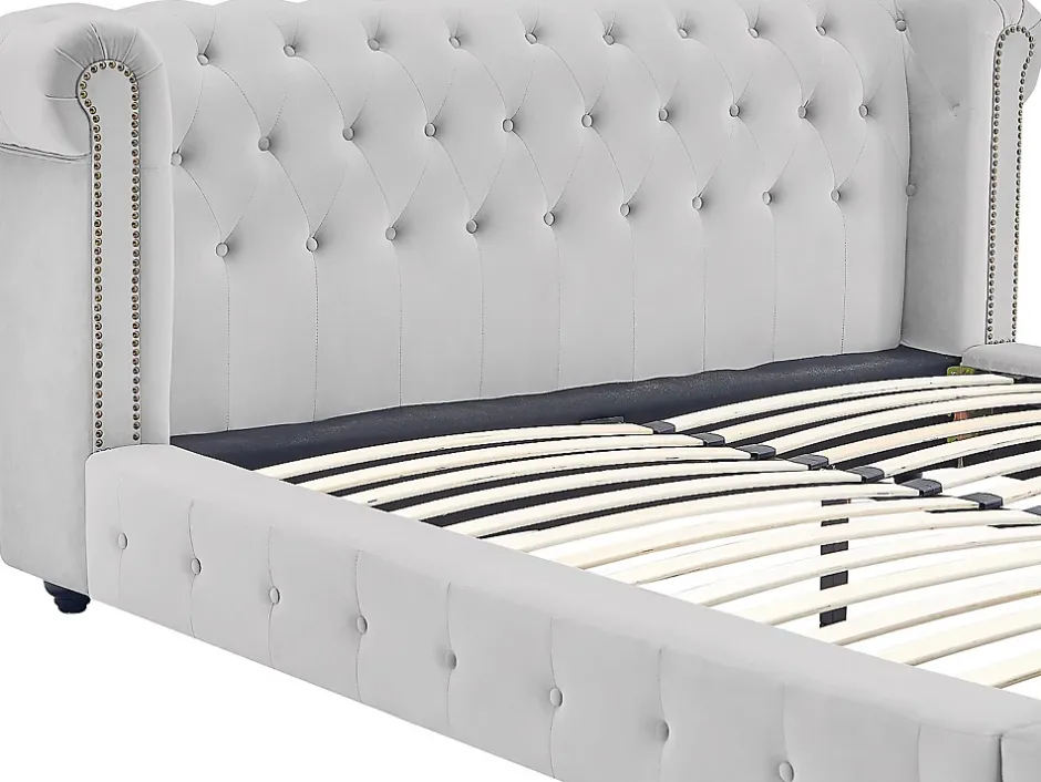 Vente-unique Lit chesterfield 160 x 200 cm - Velours - Gris clair + Matelas - TONGERLA Best