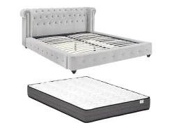 Vente-unique Lit chesterfield 160 x 200 cm - Velours - Gris clair + Matelas - TONGERLA Best