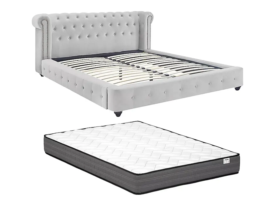 Vente-unique Lit chesterfield 160 x 200 cm - Velours - Gris clair + Matelas - TONGERLA Best