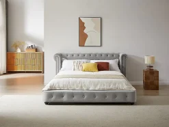 Vente-unique Lit chesterfield 160 x 200 cm - Velours - Gris clair - TONGERLA