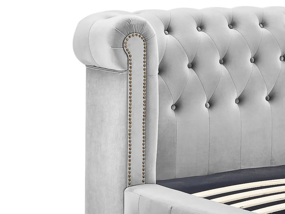 Vente-unique Lit chesterfield 160 x 200 cm - Velours - Gris clair - TONGERLA