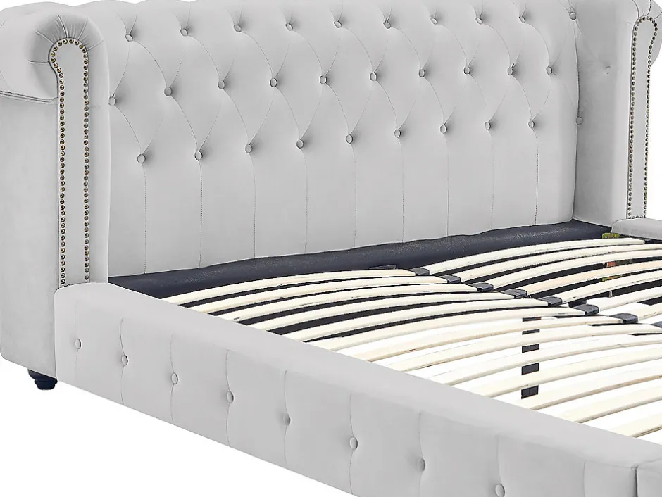 Vente-unique Lit chesterfield 160 x 200 cm - Velours - Gris clair - TONGERLA