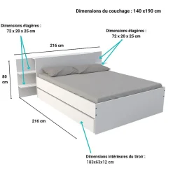 Weber Industries Lit CITY 140x190 + tête de lit chevet + 1 tiroir / Blanc