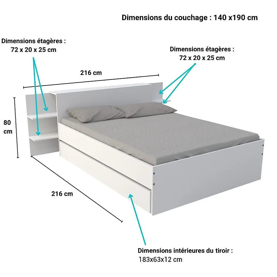 Weber Industries Lit CITY 140x190 + tête de lit chevet + 1 tiroir / Blanc