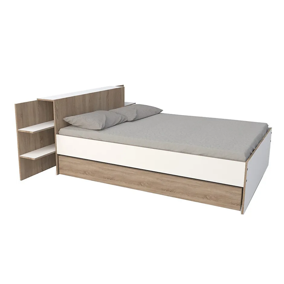 Weber Industries Lit CITY 140x190 + tête de lit chevet + 1 tiroir / Décor Blanc & chêne blanchi