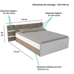 Weber Industries Lit CITY 140x190 + tête de lit chevet + 1 tiroir / Décor Blanc & chêne blanchi