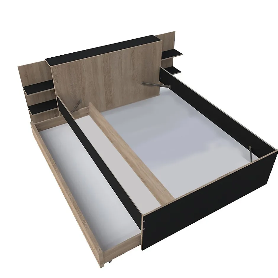 Weber Industries Lit CITY 140x190 + tête de lit chevet+ 1 tiroir / Décor Noir & chêne blanchi Clearance