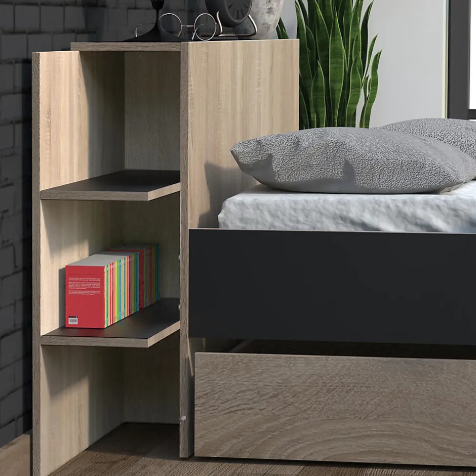 Weber Industries Lit CITY 140x190 + tête de lit chevet+ 1 tiroir / Décor Noir & chêne blanchi Clearance