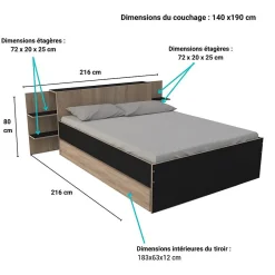 Weber Industries Lit CITY 140x190 + tête de lit chevet+ 1 tiroir / Décor Noir & chêne blanchi Clearance